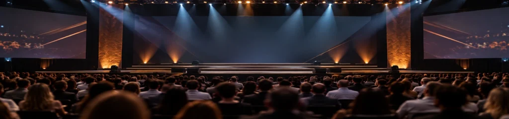 Palco de evento corporativo com plateia preparado para uma palestra sobre liderança e gestão de pessoas