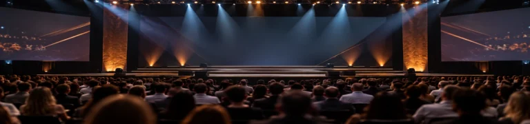 Palco de evento corporativo com plateia preparado para uma palestra sobre liderança e gestão de pessoas