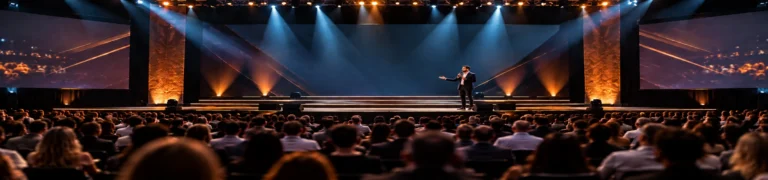 Palestrante no palco de um evento corporativo apresentando temas de palestras para empresas a uma plateia